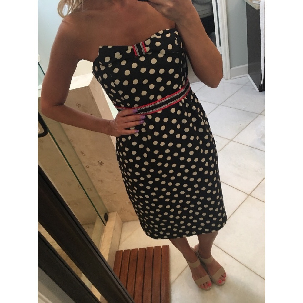 Anthropologie Maeve Nikola Dress 6 Black White Polka Dot Red Banded Bow Mini